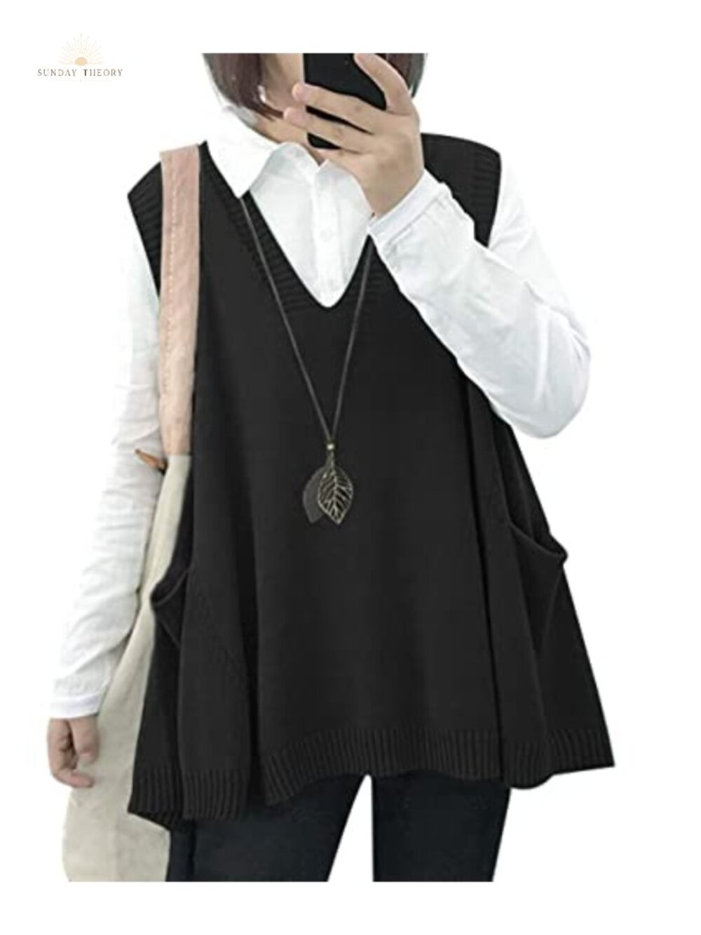 YESNO Loose Swing Cotton Knit Oversized Sweater Vest with Drop Pockets